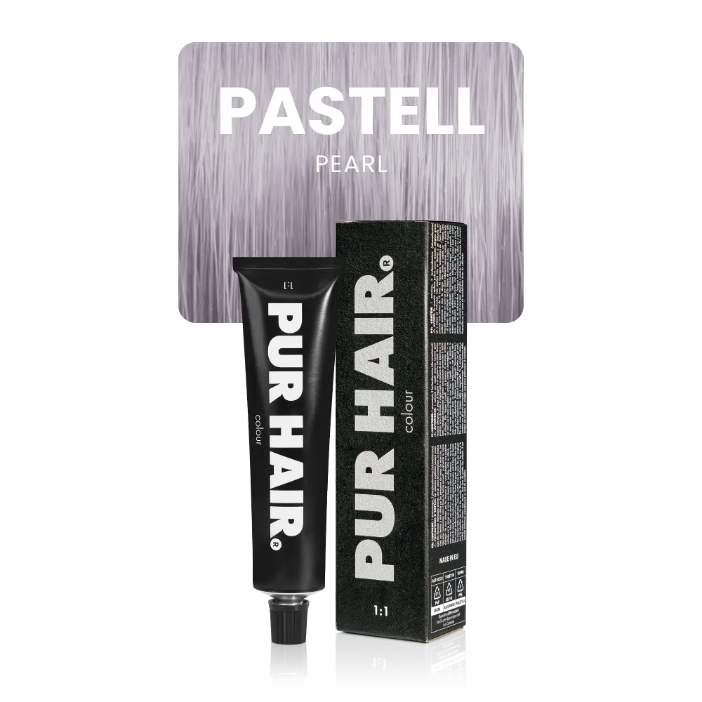 Pastell Pearl mit schwarzer Farbtube und Verpackung vor einer sehr hellen, perlmuttfarbene Strähne.