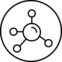 Schwarzes, minimalistisches Symbol mit einem zentralen Kreis und vier verbundenen Punkten als Darstellung molekularer Verbindungen.