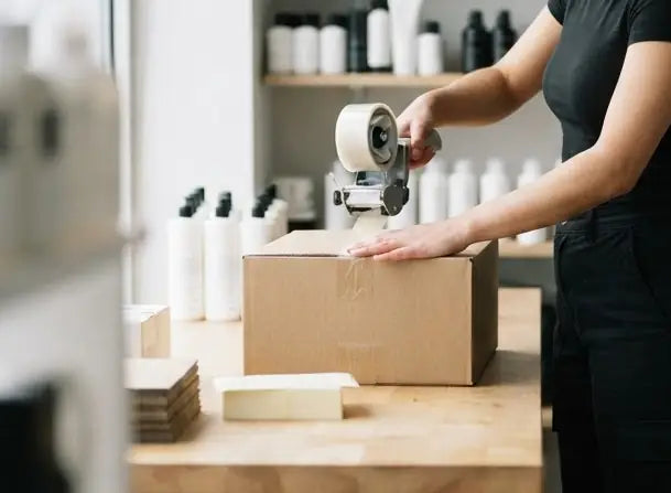 Mitarbeiterin verpackt ein Versandpaket mit professionellen Haarprodukten für den Versand.