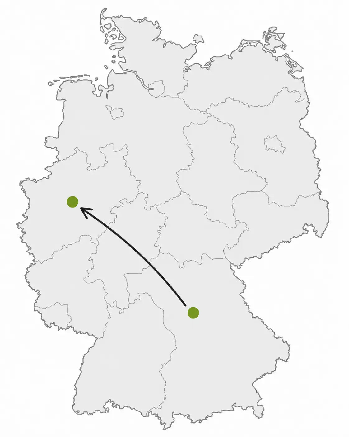 Deutschlandkarte mit markierten Standorten und Verbindung zwischen PUR HAIR Standorten in Deutschland.