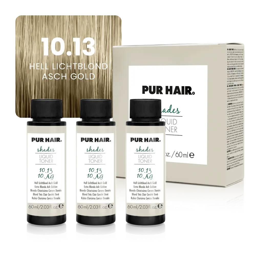 10.13 Hell Lichtblond Asch Gold – drei Flaschen mit Verpackung und beige-goldblonder Farbsträhne.