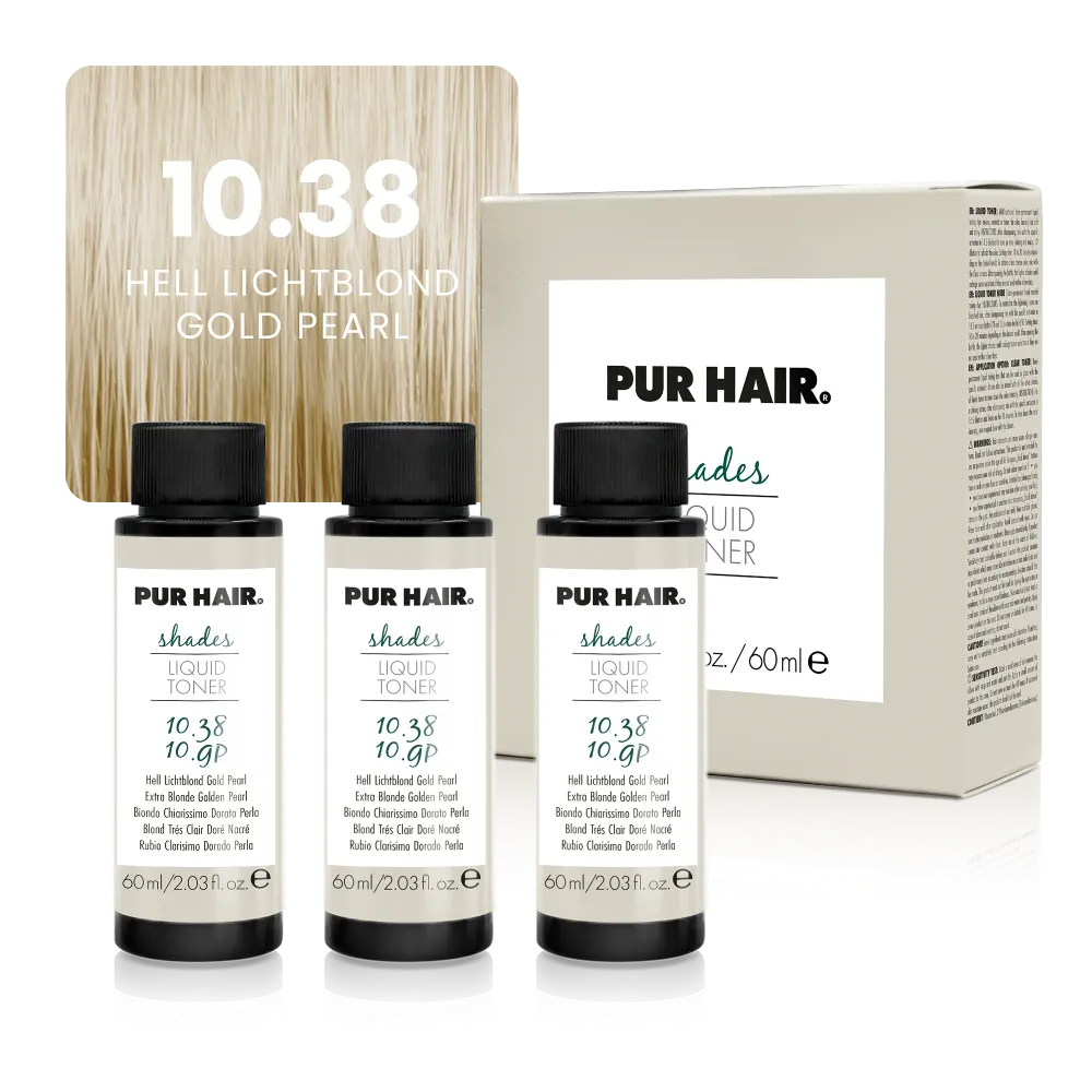 10.38 Hell Lichtblond Gold Pearl – drei Flaschen mit Verpackung und hellem Goldblond als Farbsträhne