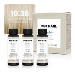 10.38 Hell Lichtblond Gold Pearl – drei Flaschen mit Verpackung und hellem Goldblond als Farbsträhne