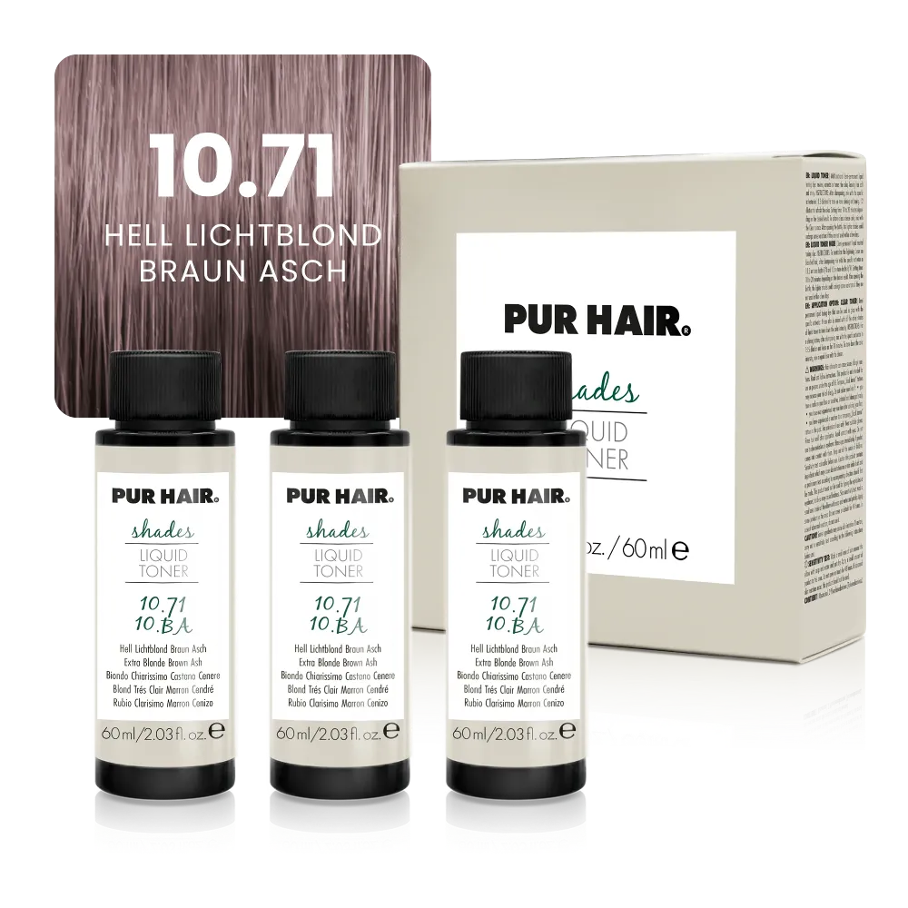 Drei weißen 60-ml-Flaschen, beiger Produktverpackung und kühler aschig-roséblonder Haarfarbsträhne.