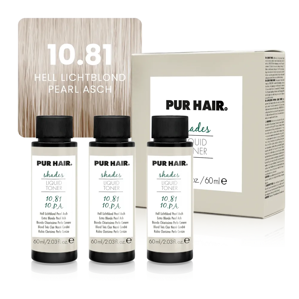 10.81 Hell Lichtblond Pearl Asch – drei Flaschen mit Verpackung und kühler hellblonder Farbsträhne
