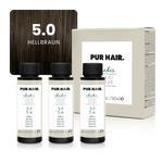 Drei weißen 60-ml-Flaschen, beiger Produktverpackung und hellbrauner Haarfarbsträhne.