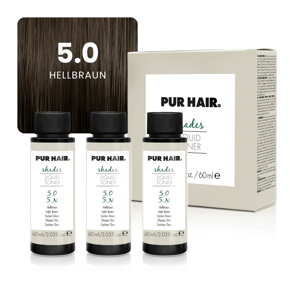 Drei weißen 60-ml-Flaschen, beiger Produktverpackung und hellbrauner Haarfarbsträhne.