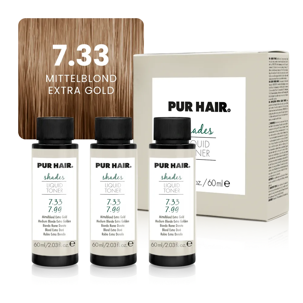 7.33 Mittelblond Extra Gold mit drei 60-ml-Flaschen, Verpackung und warmer goldblonder Farbsträhne.