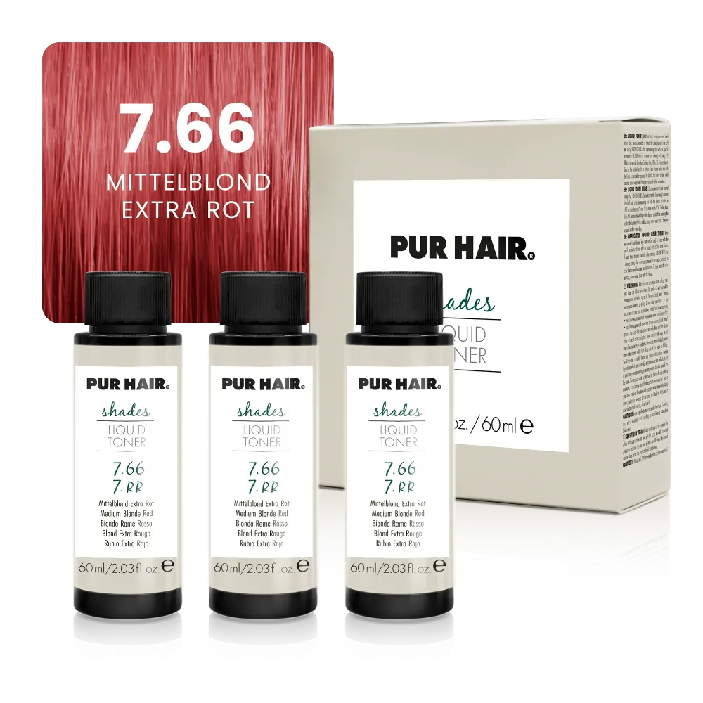 Drei weißen 60-ml-Flaschen, beiger Produktverpackung und intensiv roter Haarfarbsträhne.