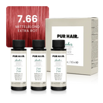 Drei weißen 60-ml-Flaschen, beiger Produktverpackung und intensiv roter Haarfarbsträhne.