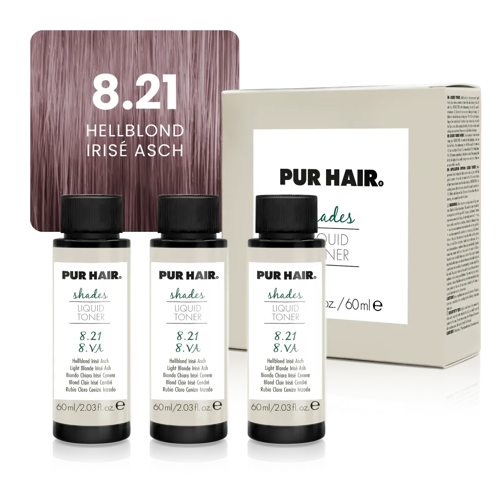 Drei weißen 60-ml-Flaschen, beiger Produktverpackung und kühler rosé-violett-aschblonder Strähne.