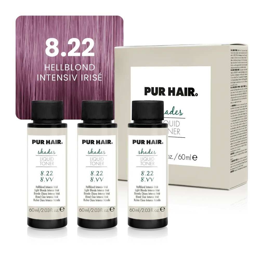 Drei weißen 60-ml-Flaschen, beiger Produktverpackung und kühler violett-roséblonder Haarfarbsträhne.