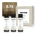 PUR HAIR Shades Liquid Toner 8.73 Hellblond Braun Gold mit drei weißen 60-ml-Flaschen, schwarzen Verschlüssen, beiger Produktverpackung und warmer goldbraun-blonder Haarfarbsträhne.