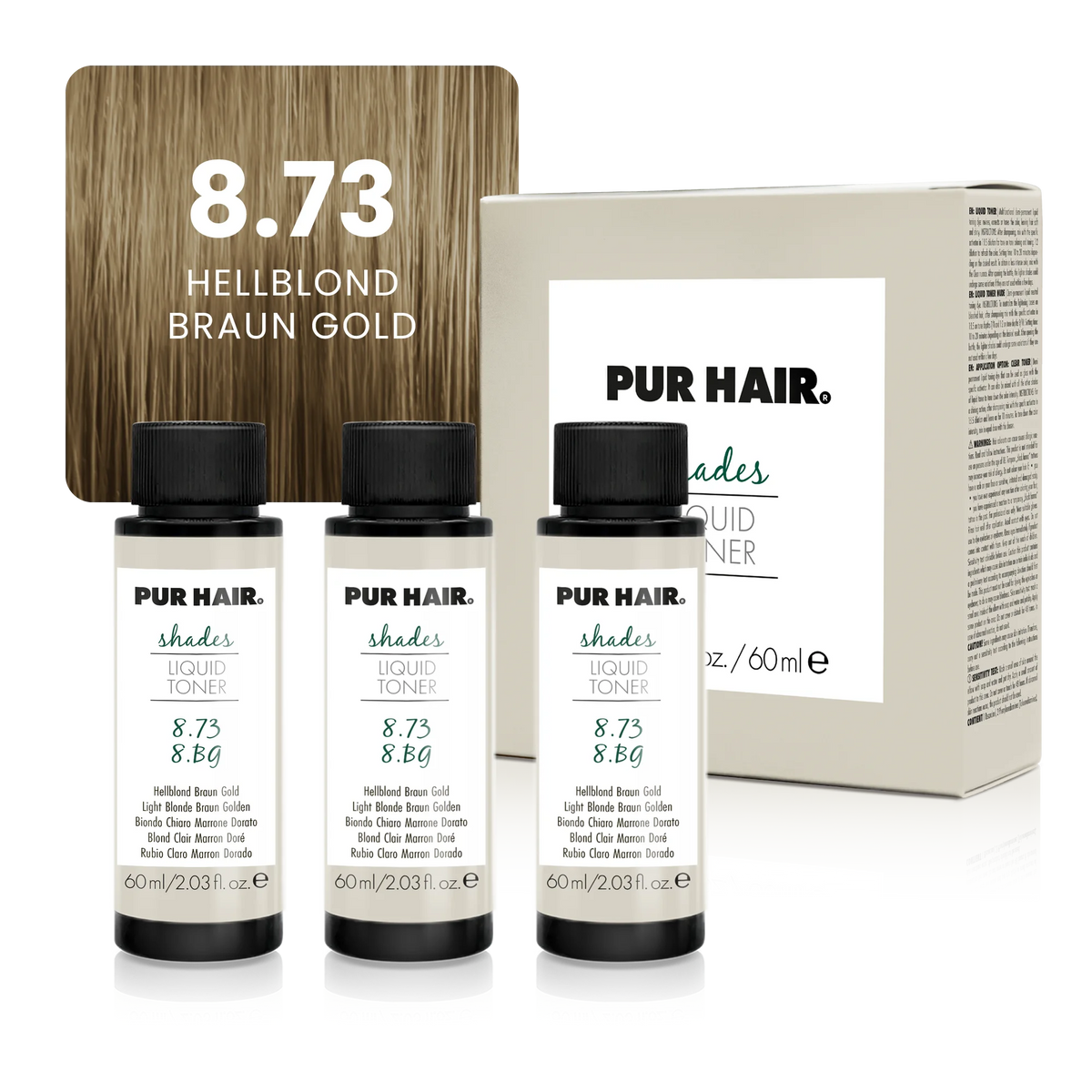 PUR HAIR Shades Liquid Toner 8.73 Hellblond Braun Gold mit drei weißen 60-ml-Flaschen, schwarzen Verschlüssen, beiger Produktverpackung und warmer goldbraun-blonder Haarfarbsträhne.