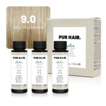 Drei weißen 60-ml-Flaschen, beiger Produktverpackung und heller natürlicher Blond-Haarfarbsträhne.