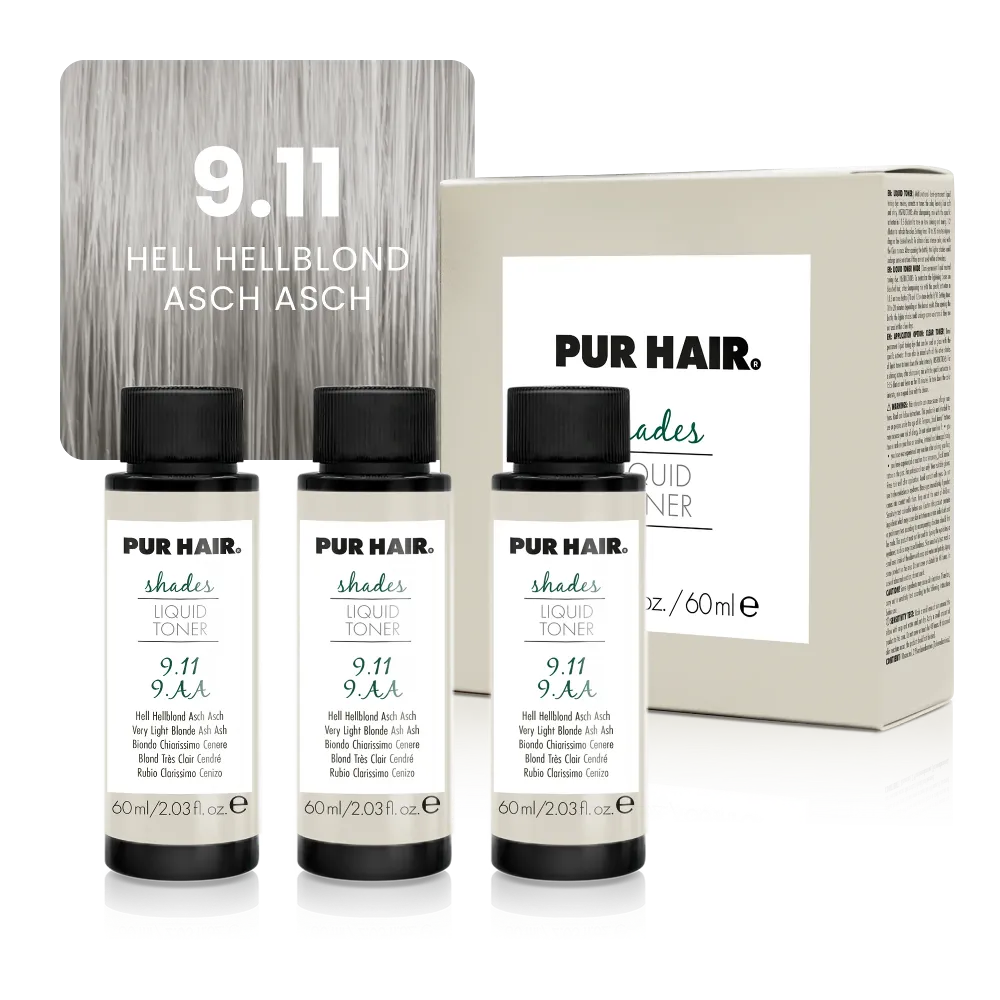 Drei weißen 60-ml-Flaschen, beiger Produktverpackung und sehr heller silbrig-aschblonder Strähne.