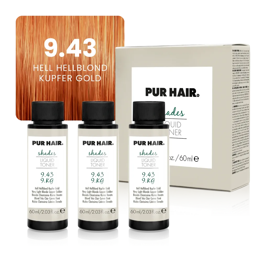 Drei weißen 60-ml-Flaschen, beiger Produktverpackung und leuchtender kupfer-goldblonder Strähne.