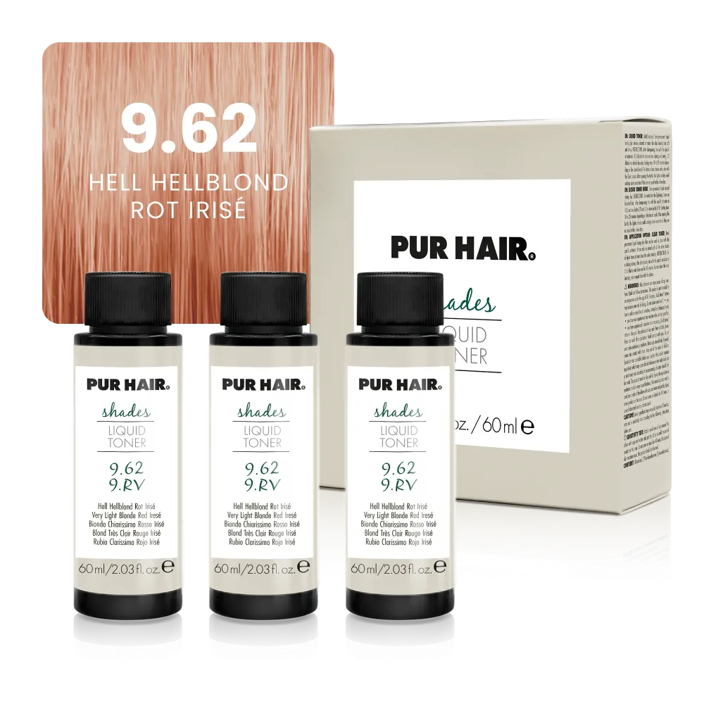Drei weißen 60-ml-Flaschen, beiger Produktverpackung und heller pfirsich-roséblonder Haarfarbsträhne
