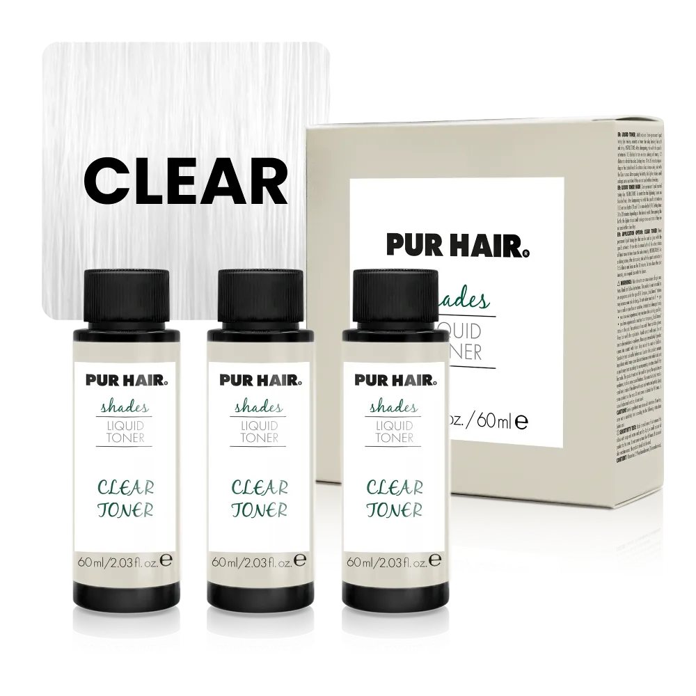Drei weißen 60-ml-Flaschen, beiger Produktverpackung und weißer Haarfarbsträhne.
