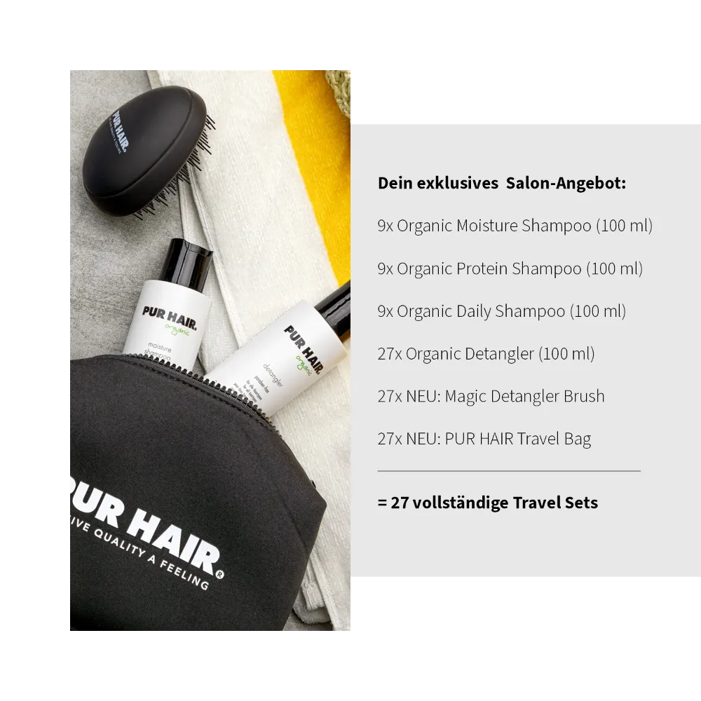 Schwarzer Kosmetiktasche, weißen Organic Shampoo- und Detangler-Flaschen und weiß-gelbem Handtuch.
