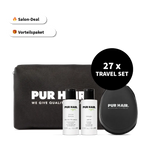 Schwarzer Travel Bag, zwei weißen Organic Haarpflegeflaschen und als 27-teiliges Travel-Set