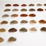 Zahlreiche Farbmuster-Strähnen in Blond, Braun, Beige, Asch, Kupfer und Rot auf weißem Grund