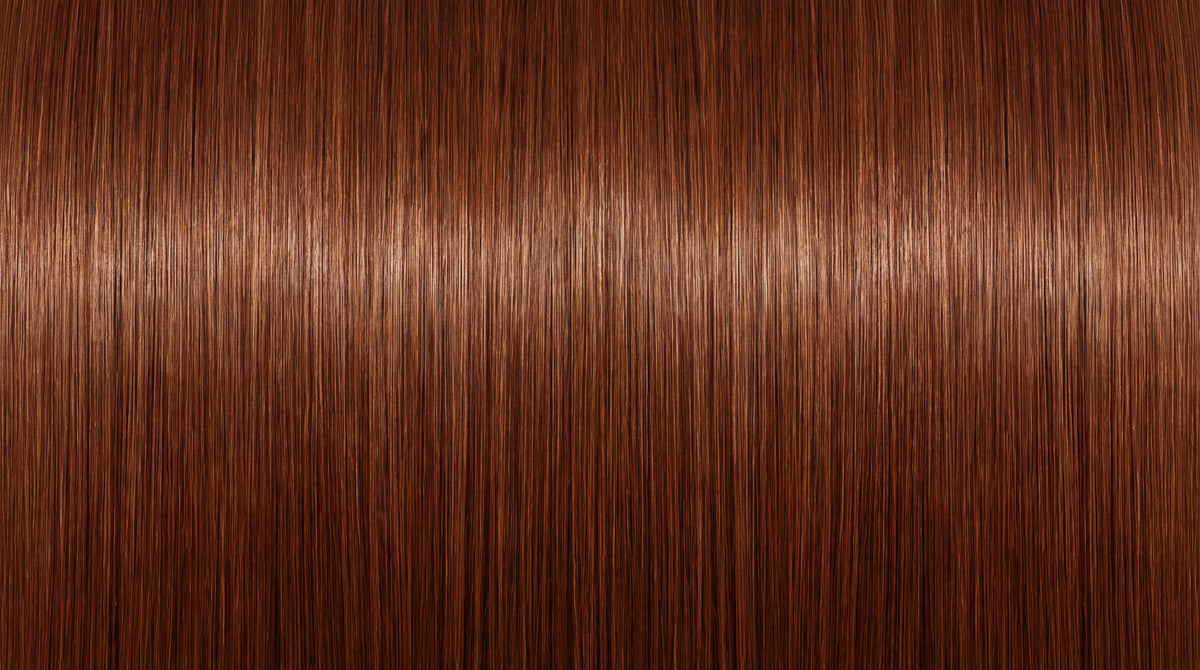 Glattes, glänzendes kupferbraunes Haar mit intensiver Farbbrillanz und gleichmäßigem Farbergebnis.