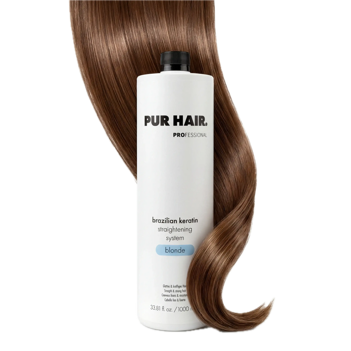 PUR HAIR Brazilian Keratin Blonde 1000 ml für professionelle Haarglättung vor glänzendem braunem Haar.