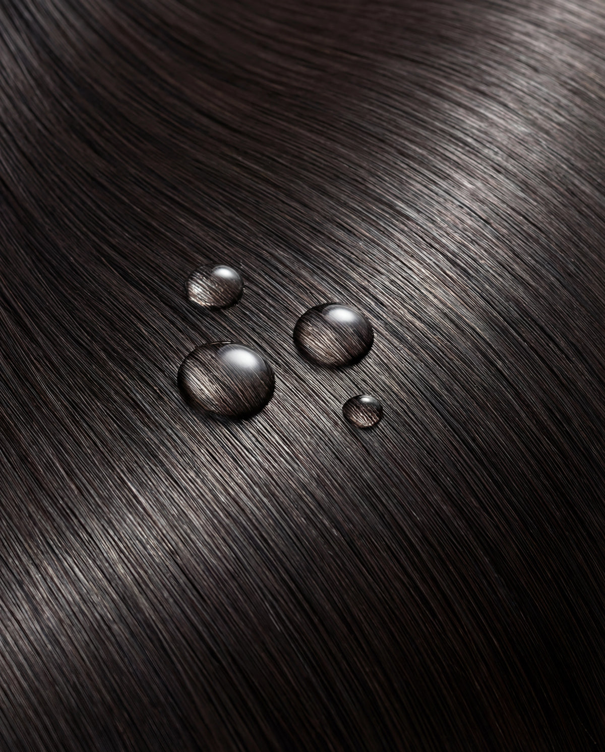 Glattes, dunkelbraunes Haar mit glänzender Oberfläche und Wassertropfen als Symbol für feuchtigkeitsresistentes Haar.
