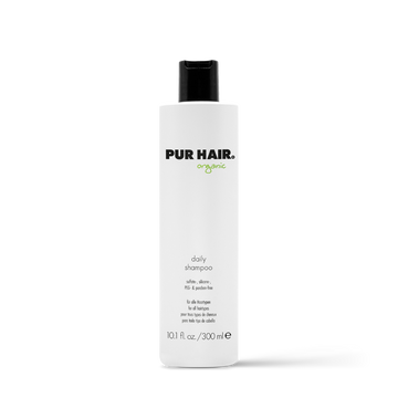 PUR HAIR Organic Daily Shampoo, 300 ml Flasche in Weiß mit schwarzem Deckel.