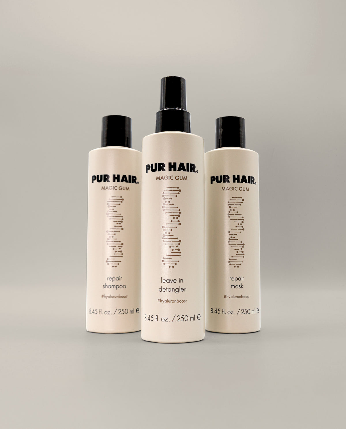 PUR HAIR Magic Gum Haarpflege-Set mit Repair Shampoo, Leave In Detangler und Repair Mask mit Hyaluronboost.
