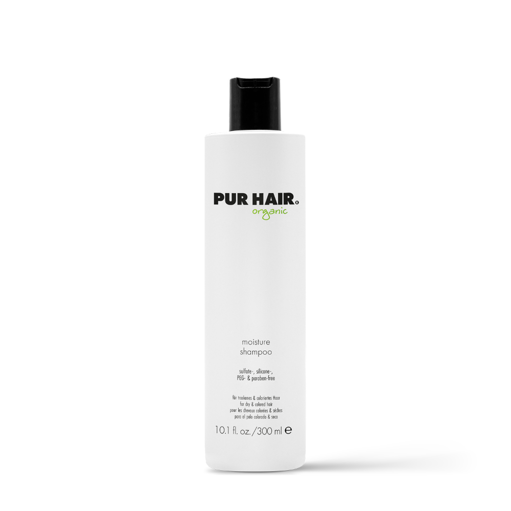 PUR HAIR Organic Moisture Shampoo, 300 ml Flasche in Weiß mit schwarzem Deckel.