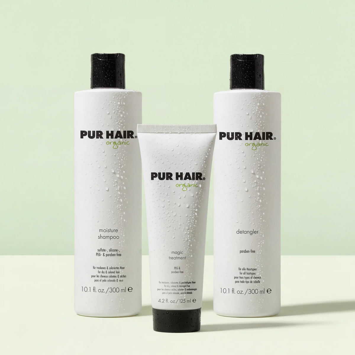 PUR HAIR Organic Haarpflege-Set mit Moisture Shampoo, Magic Treatment und Detangler.