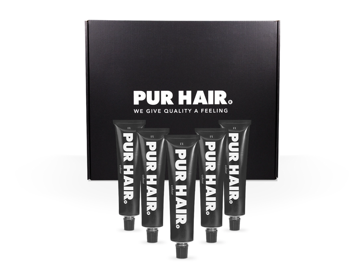 PUR HAIR Colour Haarfarben-Set mit fünf professionellen Farbtuben in schwarzer Verpackungsbox.