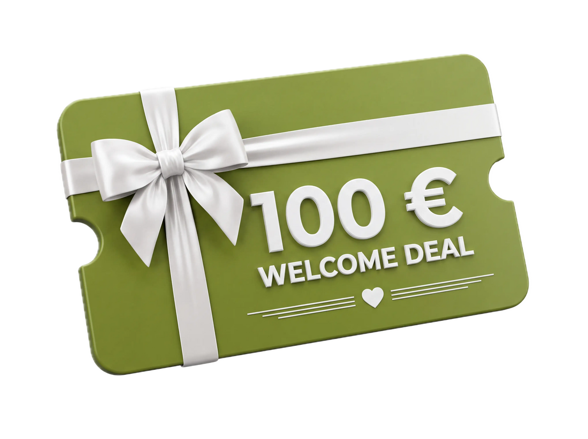 Grüner PUR HAIR Welcome Deal Gutschein über 100 € mit weißer Schleife.