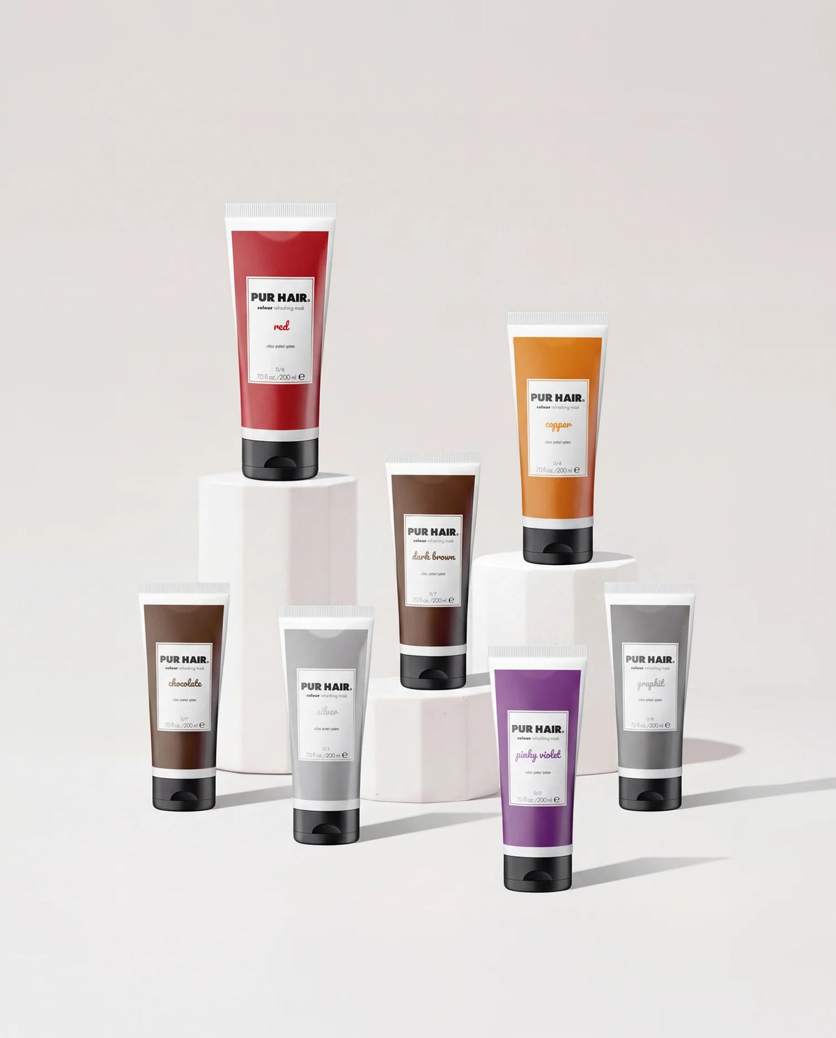 PUR HAIR Colour Refreshing Masks in sieben verschiedenen Farbnuancen für individuelle Farbauffrischung und Farbveredelung.