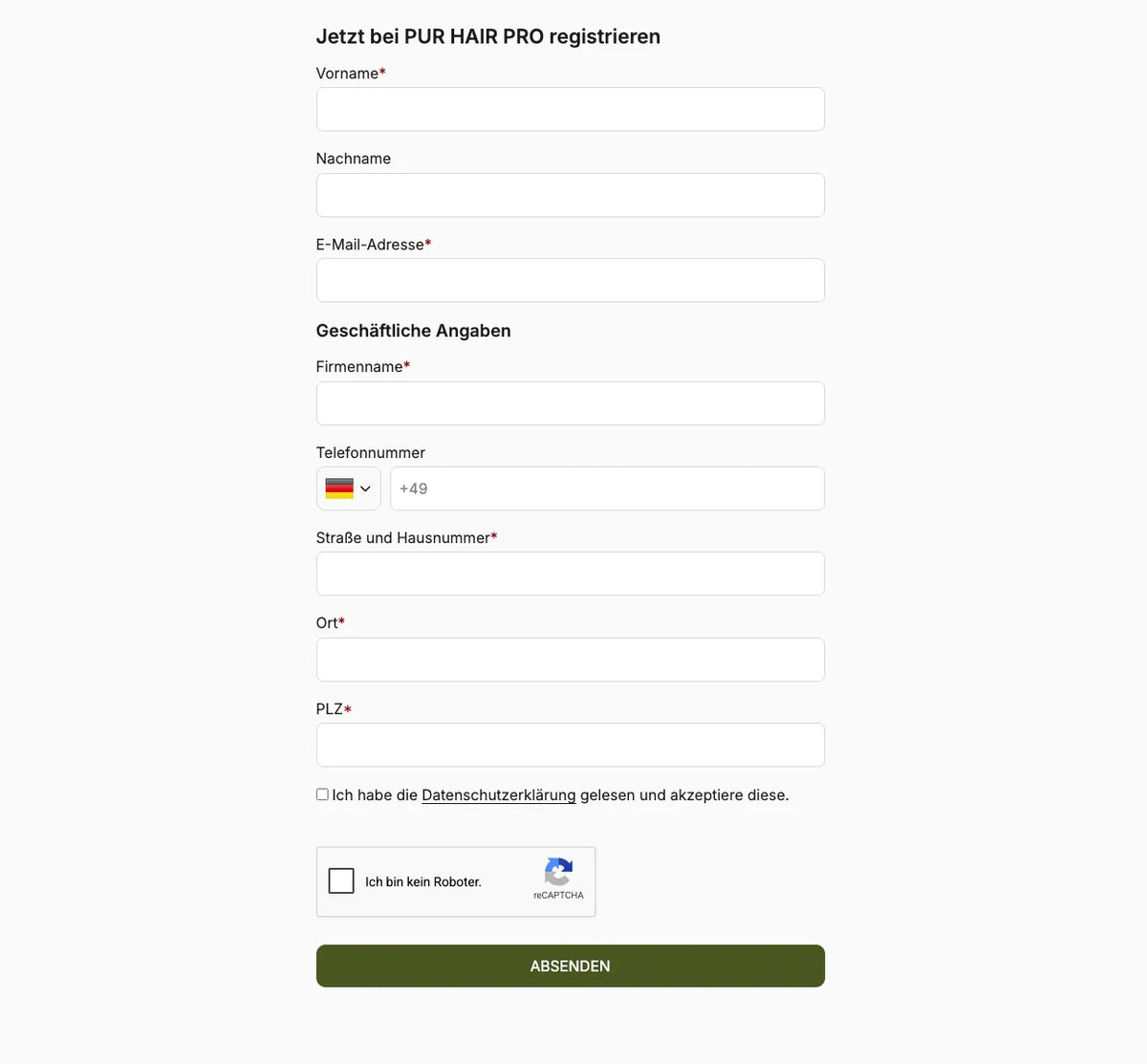 Registrierungsformular für den PUR HAIR PRO Onlineshop für professionelle Friseure und Salons.