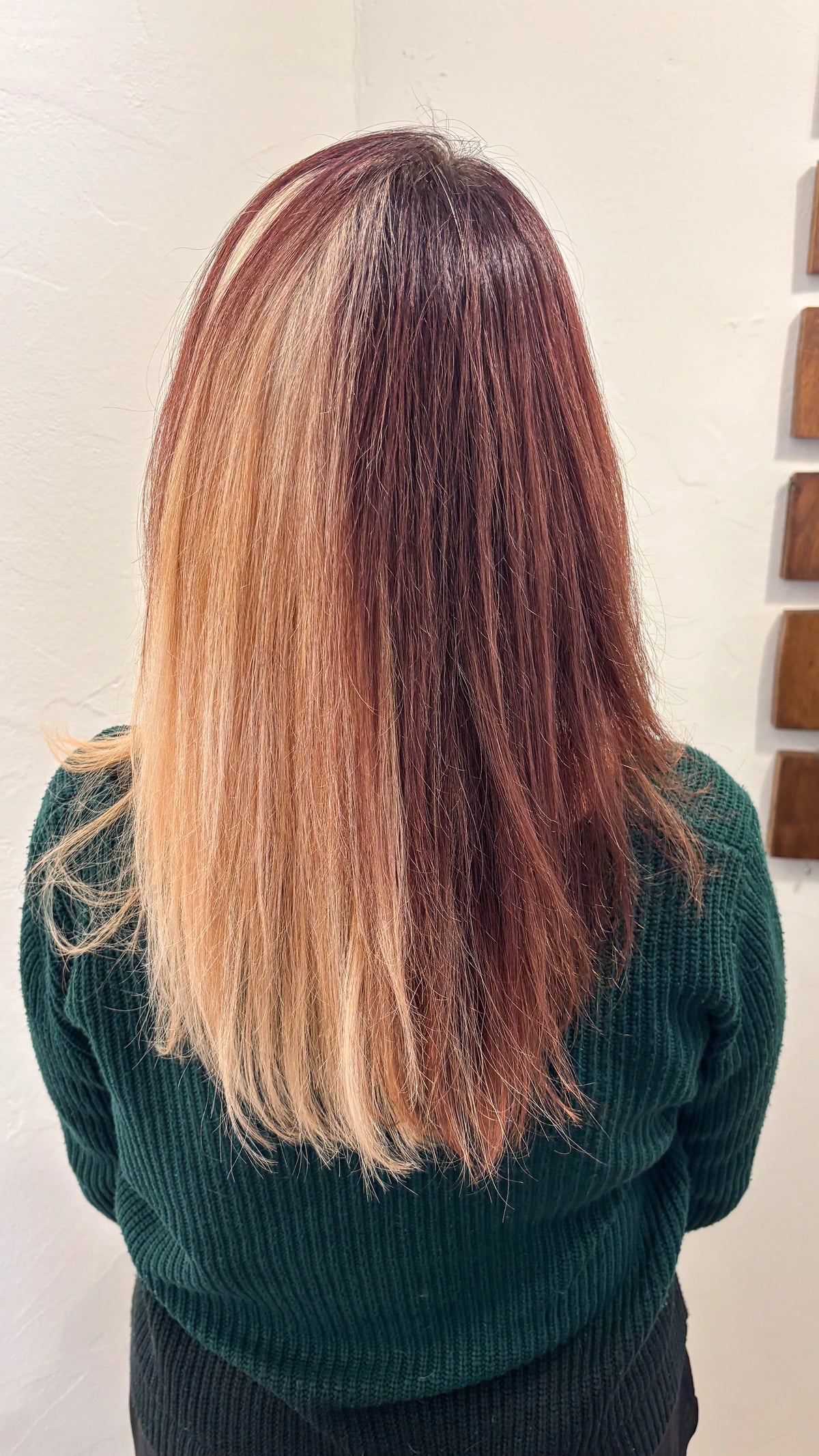 Haarmodell mit unterschiedlichen Blond-, Kupfer- und Rottönen während einer professionellen PUR HAIR Farbschulung.