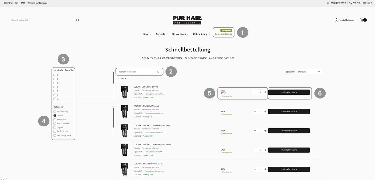 PUR HAIR PRO Schnellbestellung mit Produktsuche, Filtern, Mengenauswahl und Warenkorb für Friseure.