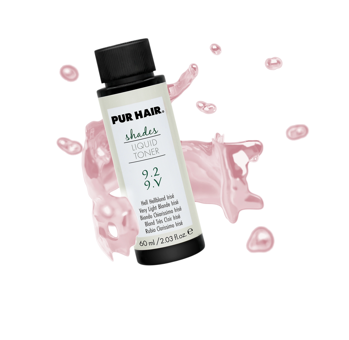 PUR HAIR Shades Liquid Toner 9.2 Hellblond Irisé mit rosafarbenem Farbakzent.