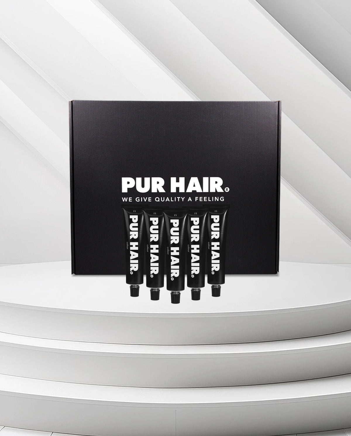 PUR HAIR Professional Haarfarben-Set mit fünf Farbtuben in schwarzer Testbox für professionelle Colorationen.