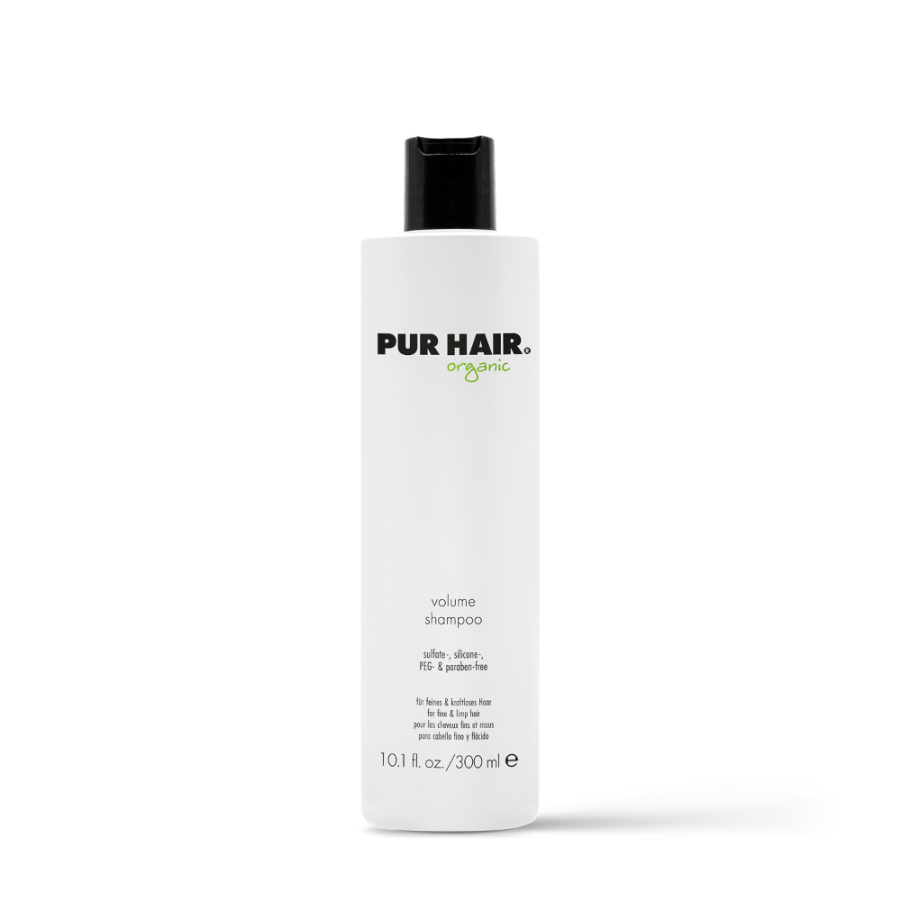 PUR HAIR Organic Volume Shampoo, 300 ml Flasche in Weiß mit schwarzem Deckel.