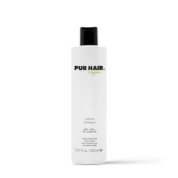 PUR HAIR Organic Volume Shampoo, 300 ml Flasche in Weiß mit schwarzem Deckel.
