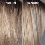 Vorher-Nachher: blondes Haar wirkt vor der Anwendung frizzig, nach der Anwendung sichtbar gepflegter