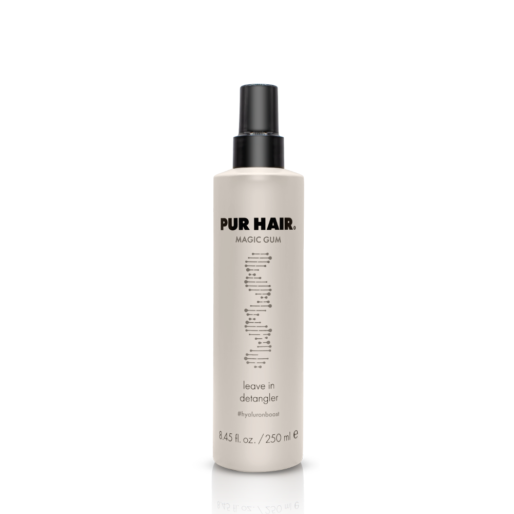 PUR HAIR Magic Gum Leave In Detangler, 250 ml Flasche in beige mit schwarzem Sprühkopf.
