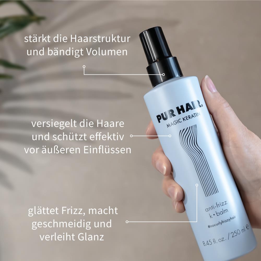 Anti-Frizz Leave In Conditioner gegen Frizz, stärkt die Haarstrukur und bändigt Volumen.