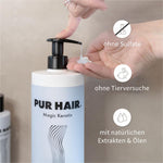 Finger Pumpt weiße Maske aus PUR HAIR Magic Keratin Flasche.