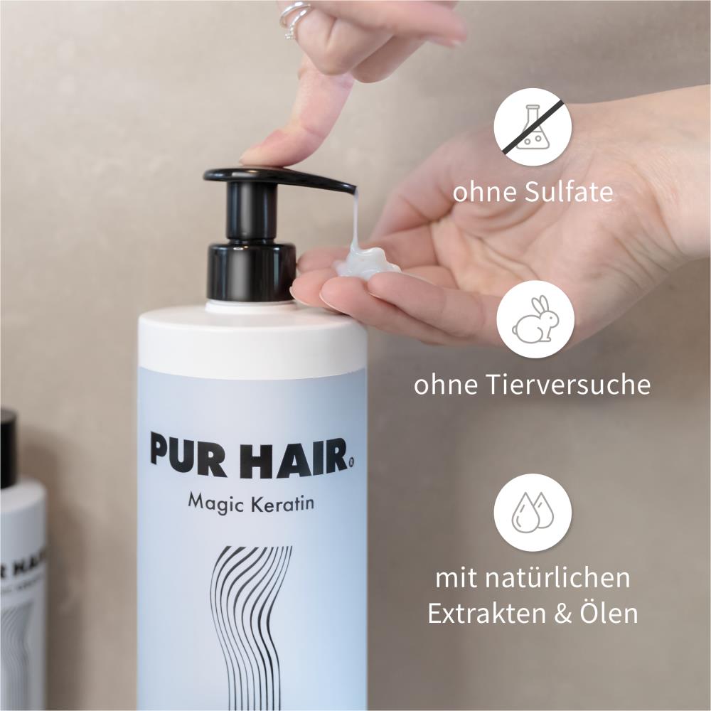 Finger Pumpt weiße Maske aus PUR HAIR Magic Keratin Flasche.