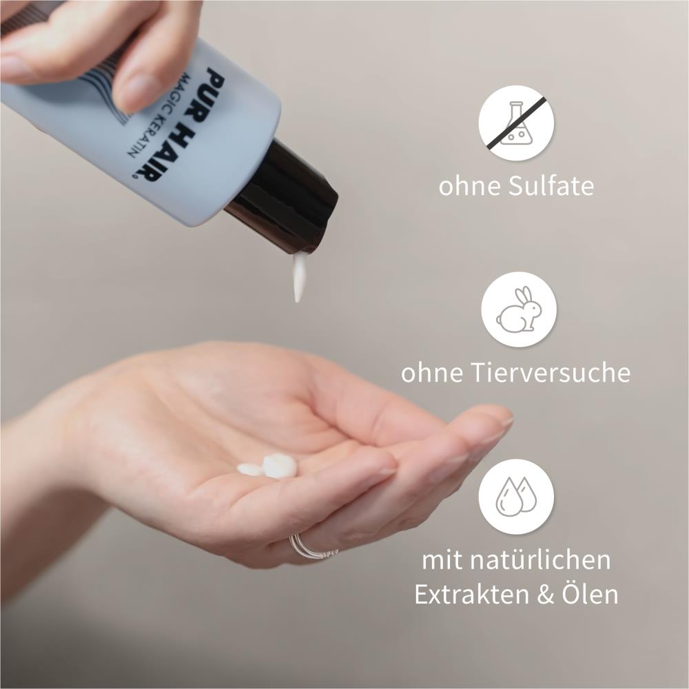 Hand drückt weißes Maske aus PUR HAIR Magic Keratin Flasche