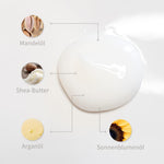Pflege-Textur mit markierten natürlichen Wirkstoffen Mandelöl, Shea-Butter, Arganöl und Sonnenblumen